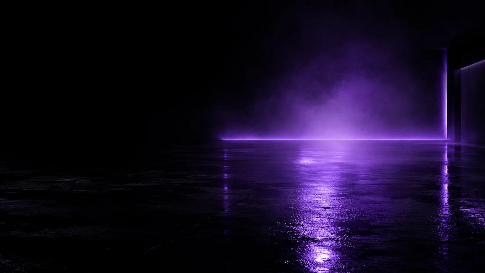 Dunkles Nova.Carrent Studio mit violett beleuchtetem, spiegelndem Boden